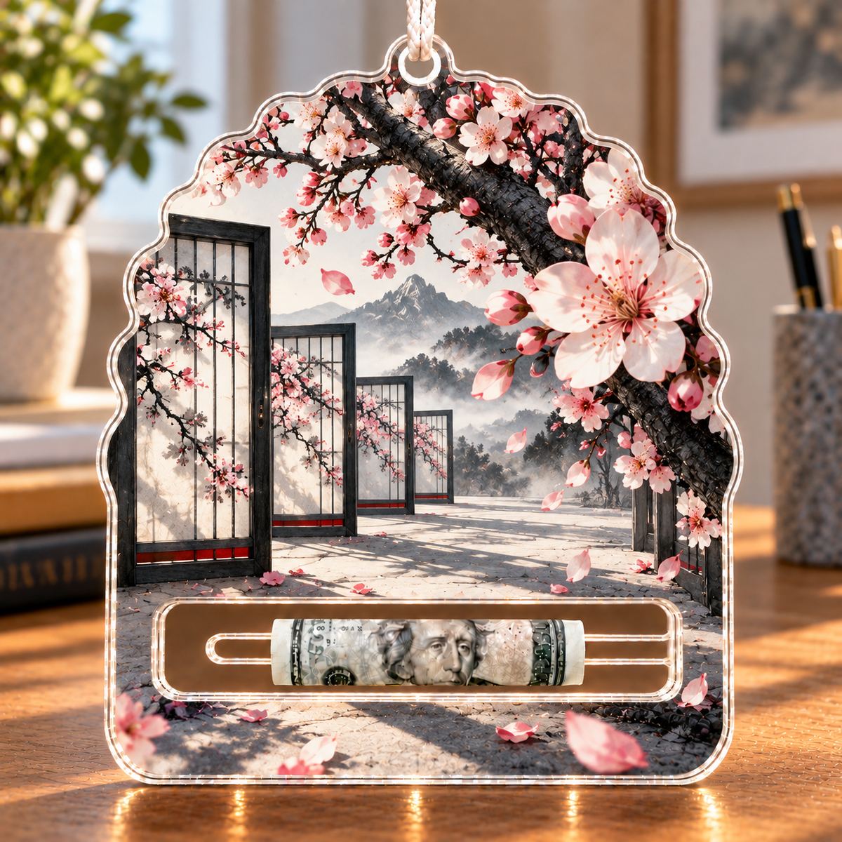Cherry Blossom Graphite Gallery Acrylic Cash Holder Ornament with printed optical 3D artwork in its use setting