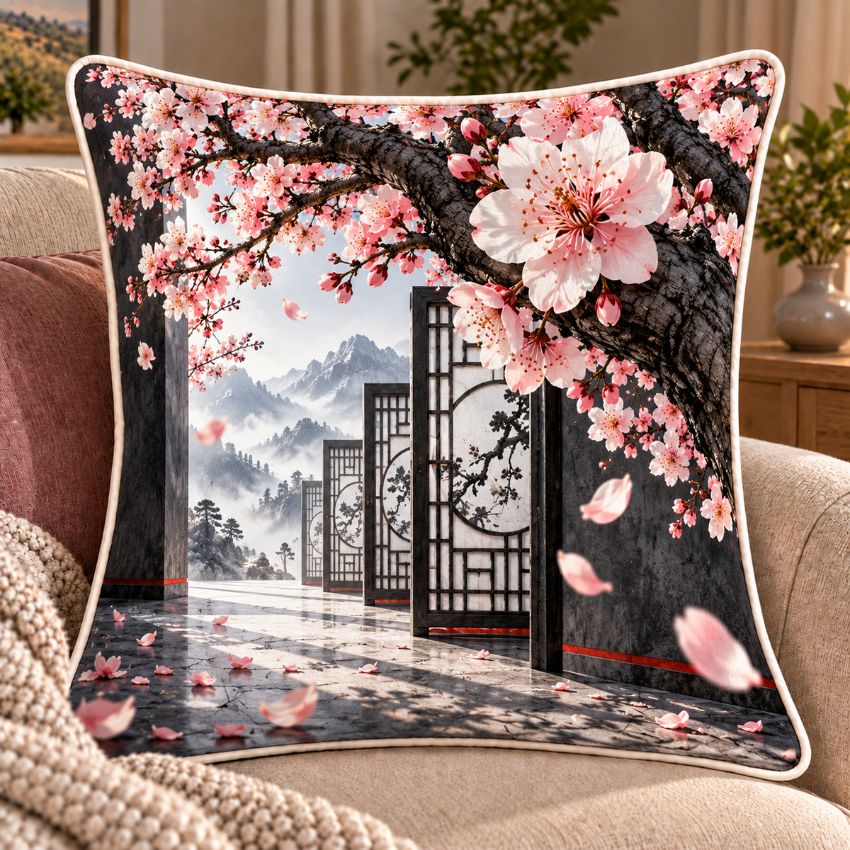 Cherry Blossom Graphite Gallery Quilted Cushion Cover with printed optical 3D artwork in its use setting