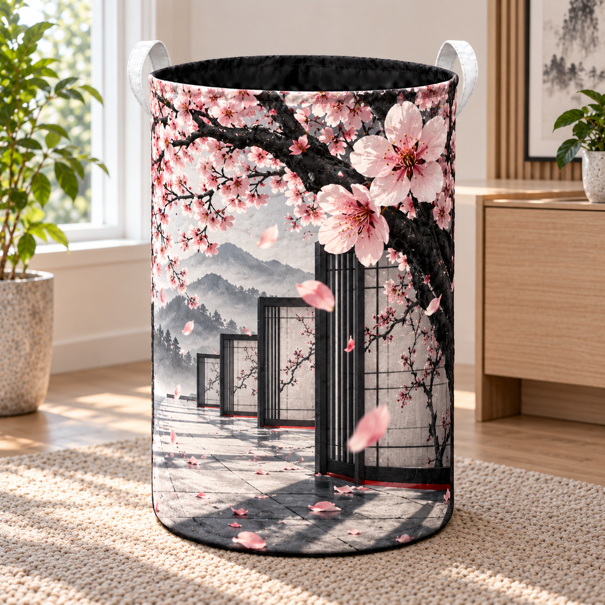 Cherry Blossom Graphite Gallery Laundry Hamper with printed optical 3D artwork in its use setting