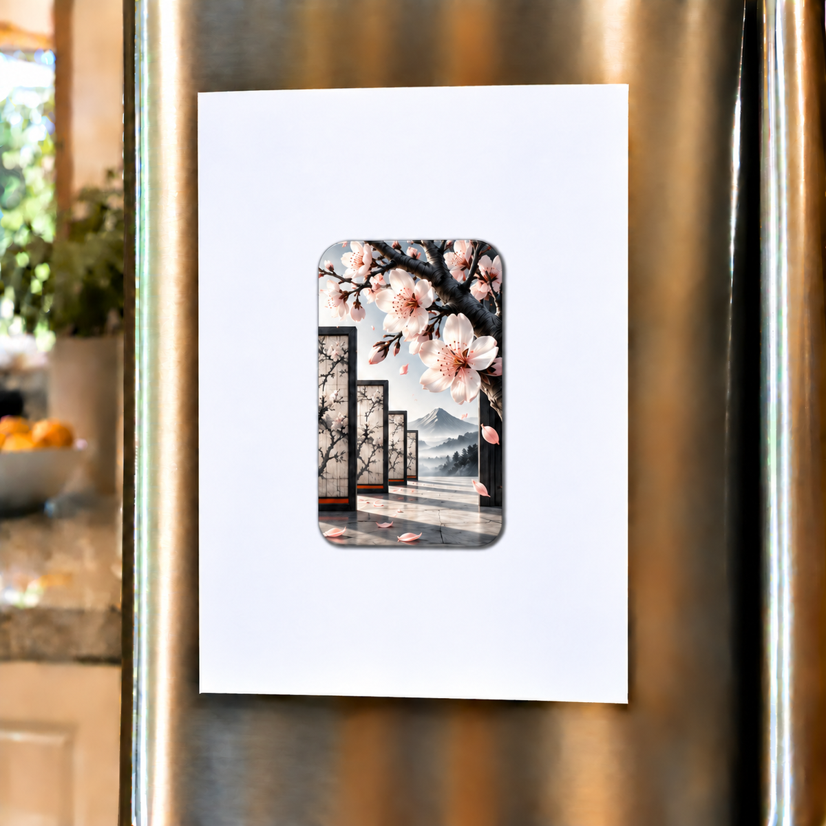 Cherry Blossom Graphite Gallery Acrylic Refrigerator Magnet with printed optical 3D artwork in its use setting
