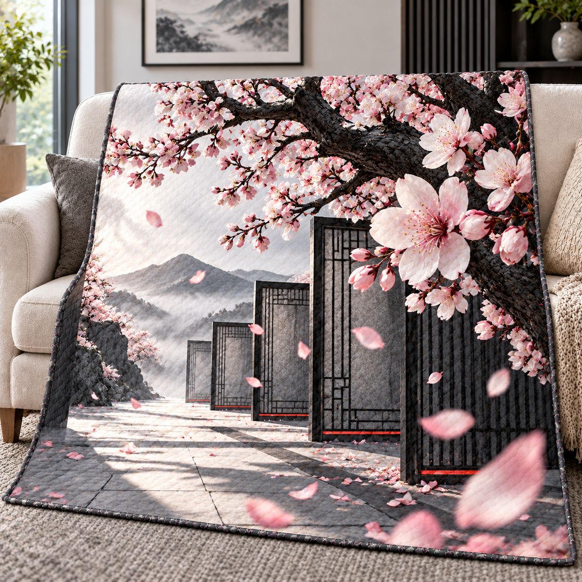 Cherry Blossom Graphite Gallery Quilt Blanket with printed optical 3D artwork in its use setting