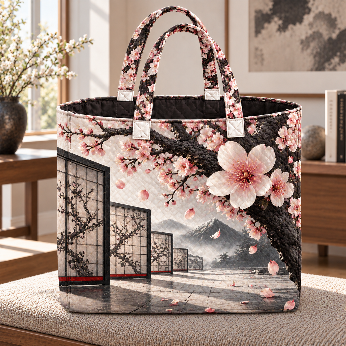 Cherry Blossom Graphite Gallery Quilted Tote Bag with printed optical 3D artwork in its use setting