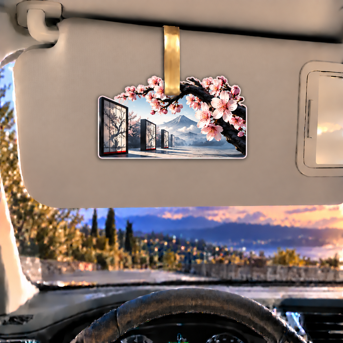 Cherry Blossom Graphite Gallery Holographic Car Visor Clip with printed optical 3D artwork in its use setting