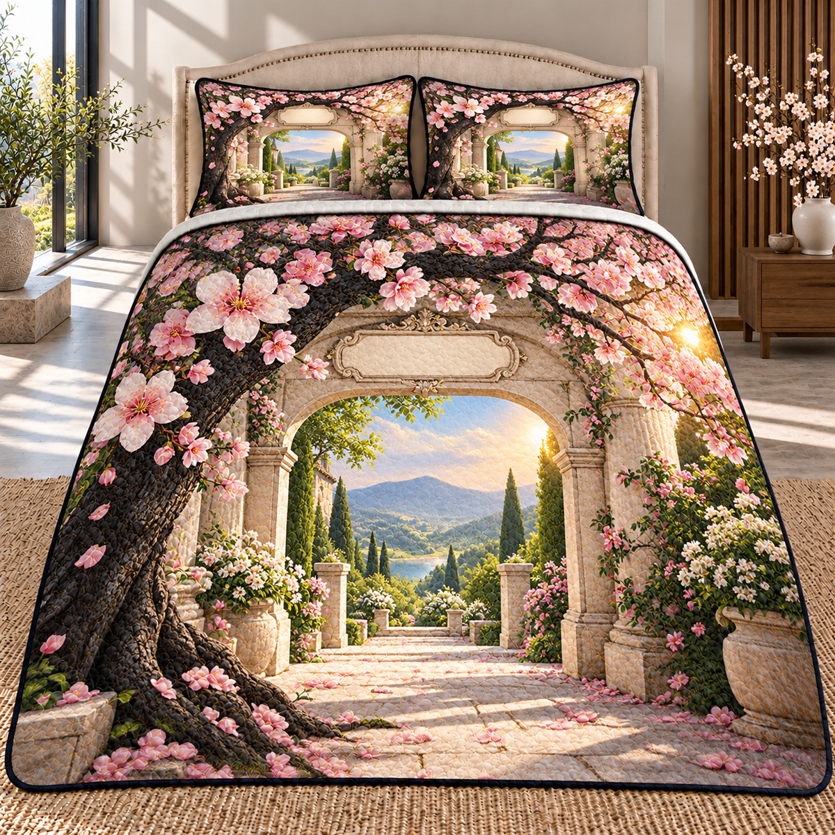 Cherry Blossom Welcome Arch Quilted Bedding Set with printed optical 3D artwork in its use setting