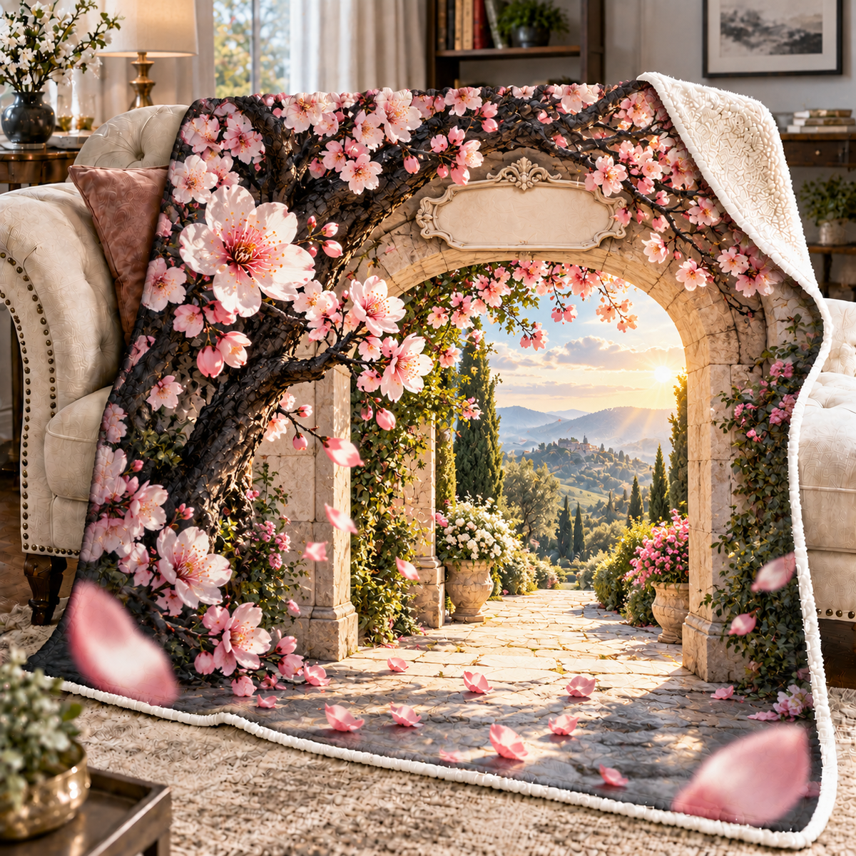 Cherry Blossom Welcome Arch Sherpa & Fleece Blanket with printed optical 3D artwork in its use setting