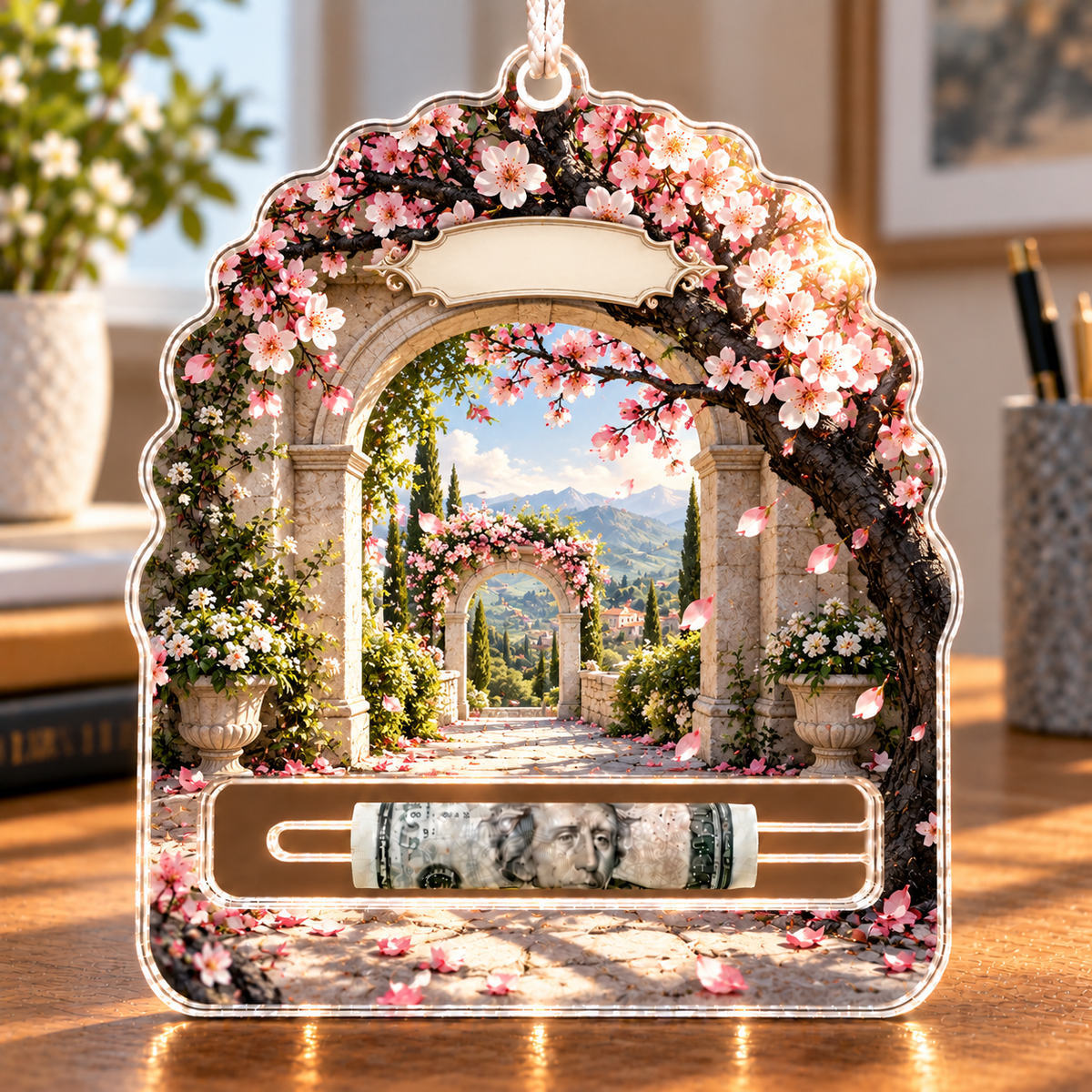 Cherry Blossom Welcome Arch Acrylic Cash Holder Ornament with printed optical 3D artwork in its use setting