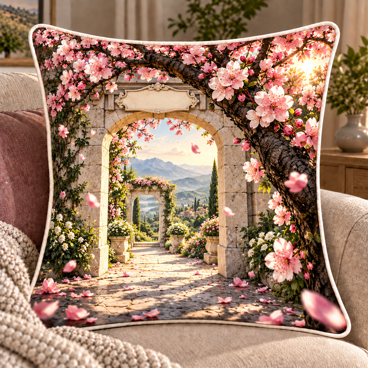 Cherry Blossom Welcome Arch Quilted Cushion Cover with printed optical 3D artwork in its use setting