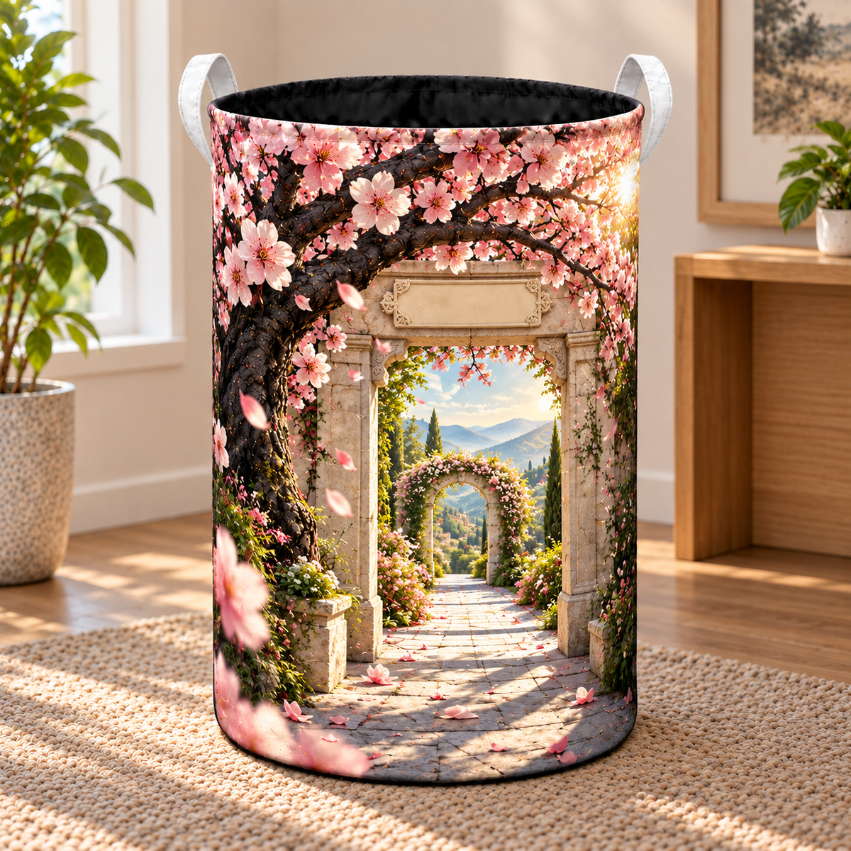 Cherry Blossom Welcome Arch Laundry Hamper with printed optical 3D artwork in its use setting