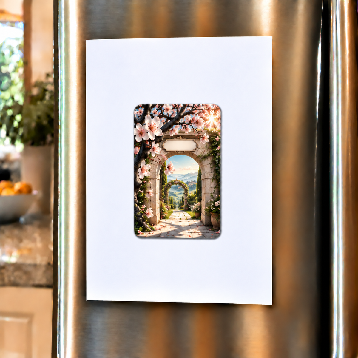 Cherry Blossom Welcome Arch Acrylic Refrigerator Magnet with printed optical 3D artwork in its use setting