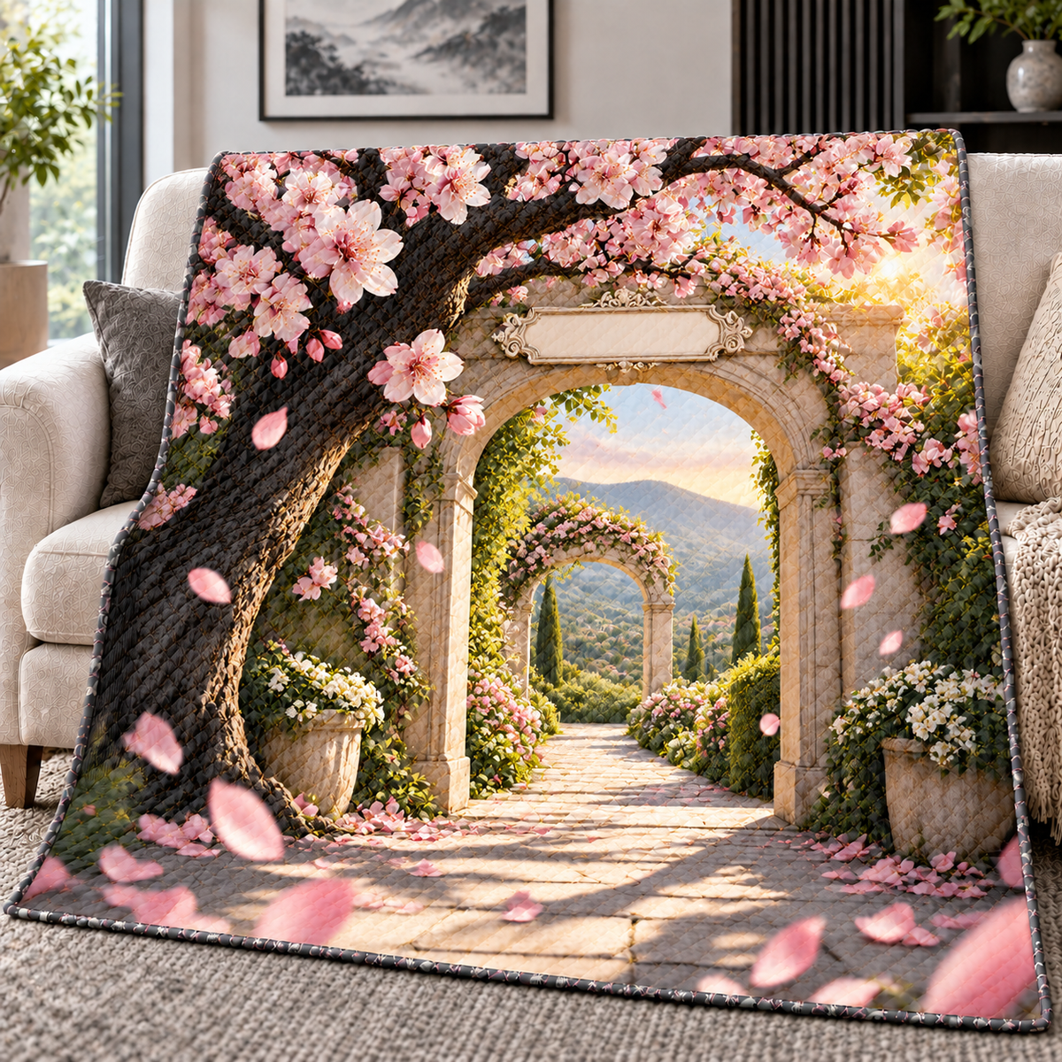 Cherry Blossom Welcome Arch Quilt Blanket with printed optical 3D artwork in its use setting