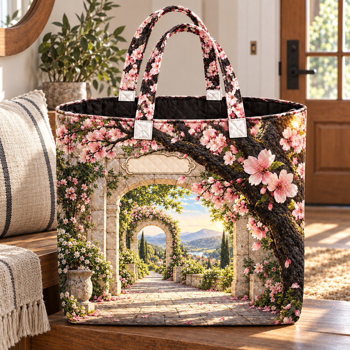 Cherry Blossom Welcome Arch Quilted Tote Bag with printed optical 3D artwork in its use setting