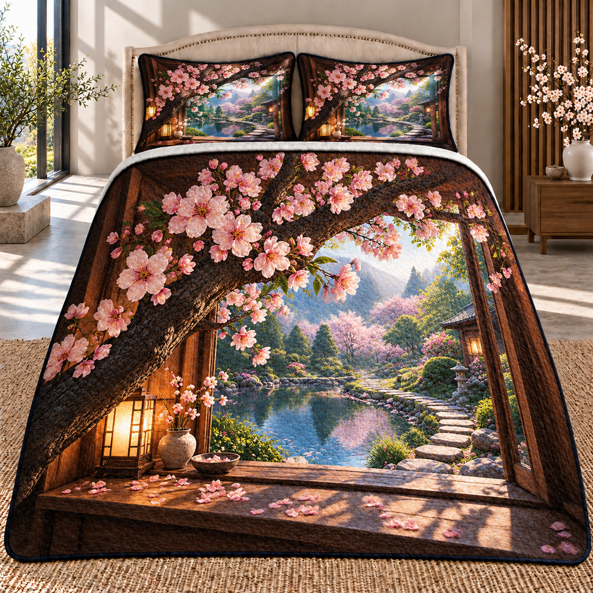 Cherry Blossom Window Nook Quilted Bedding Set with printed optical 3D artwork in its use setting