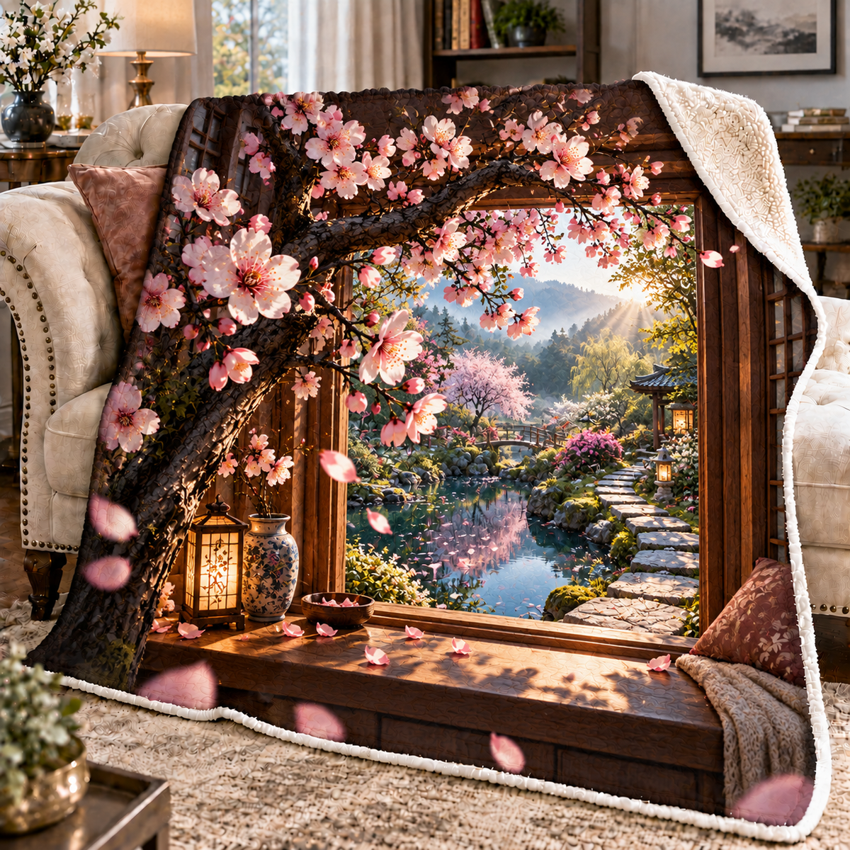 Cherry Blossom Window Nook Sherpa & Fleece Blanket with printed optical 3D artwork in its use setting