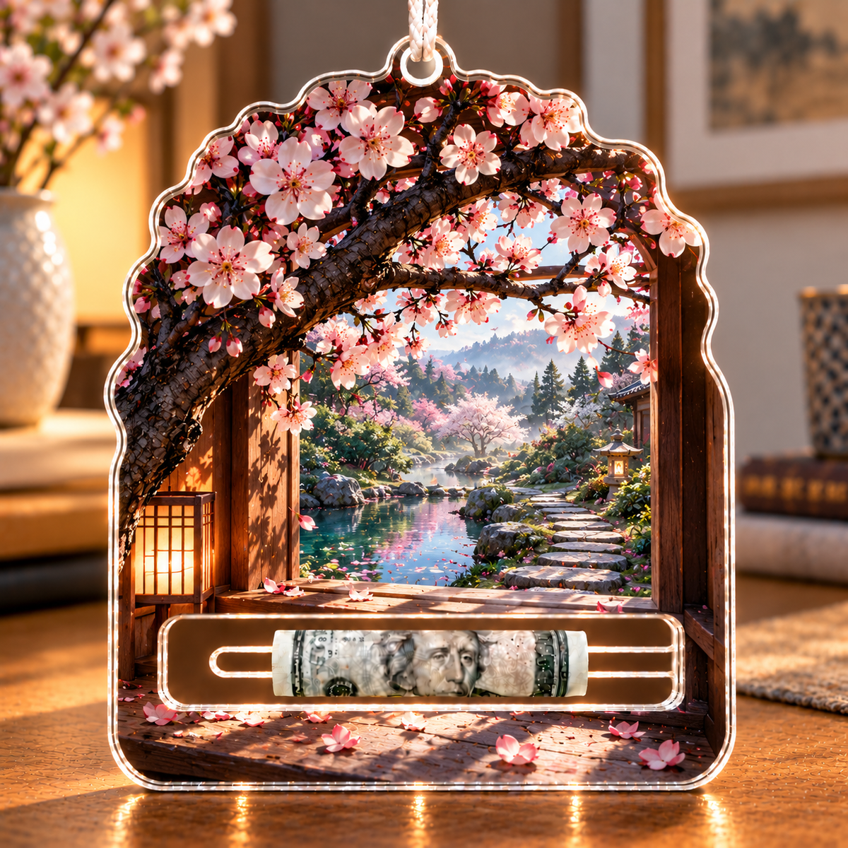 Cherry Blossom Window Nook Acrylic Cash Holder Ornament with printed optical 3D artwork in its use setting