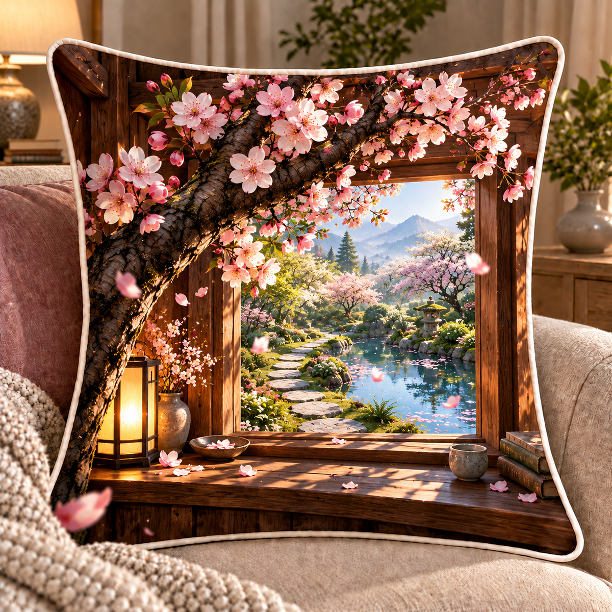 Cherry Blossom Window Nook Quilted Cushion Cover with printed optical 3D artwork in its use setting