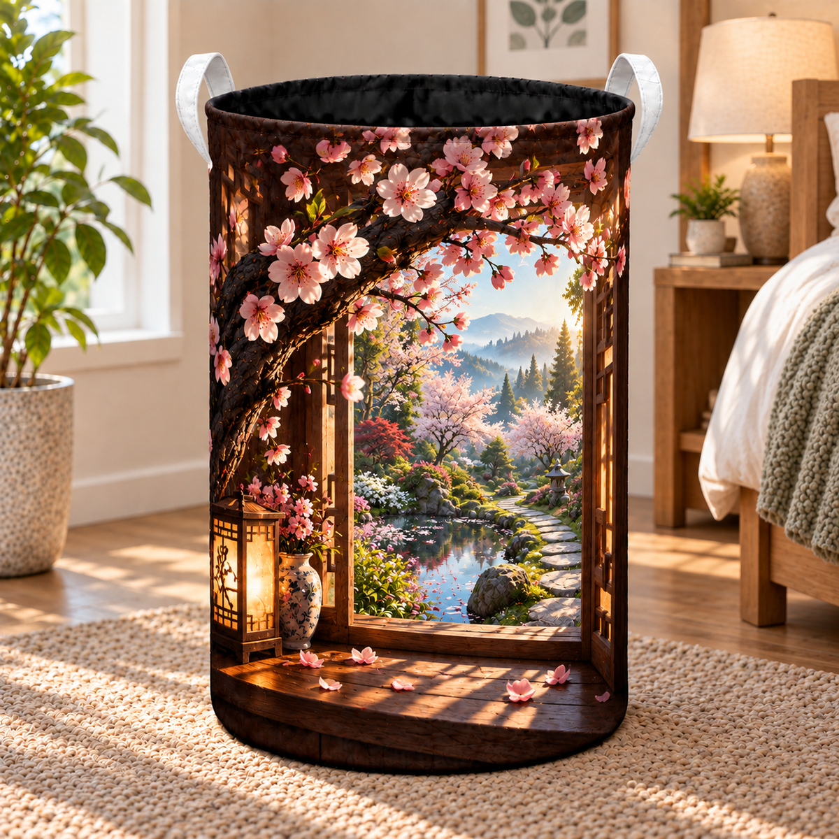 Cherry Blossom Window Nook Laundry Hamper with printed optical 3D artwork in its use setting