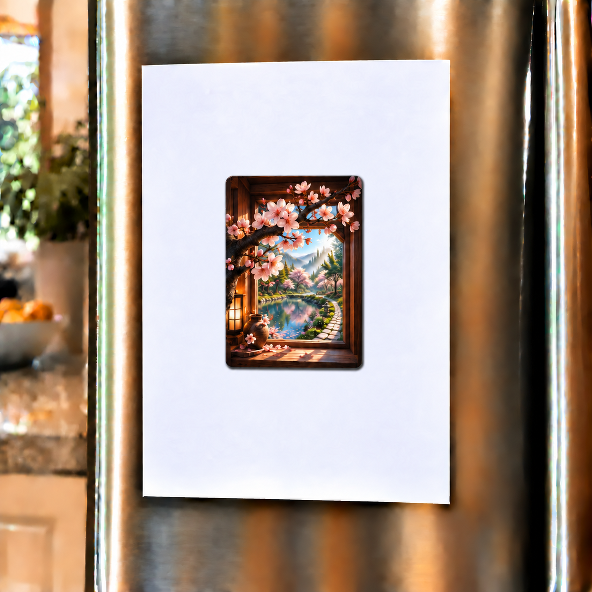 Cherry Blossom Window Nook Acrylic Refrigerator Magnet with printed optical 3D artwork in its use setting