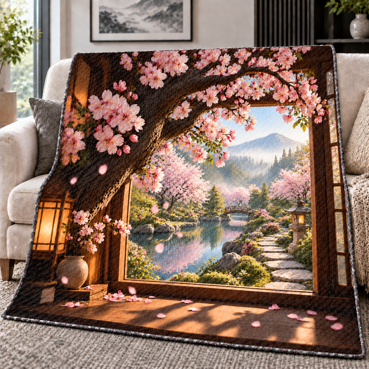 Cherry Blossom Window Nook Quilt Blanket with printed optical 3D artwork in its use setting