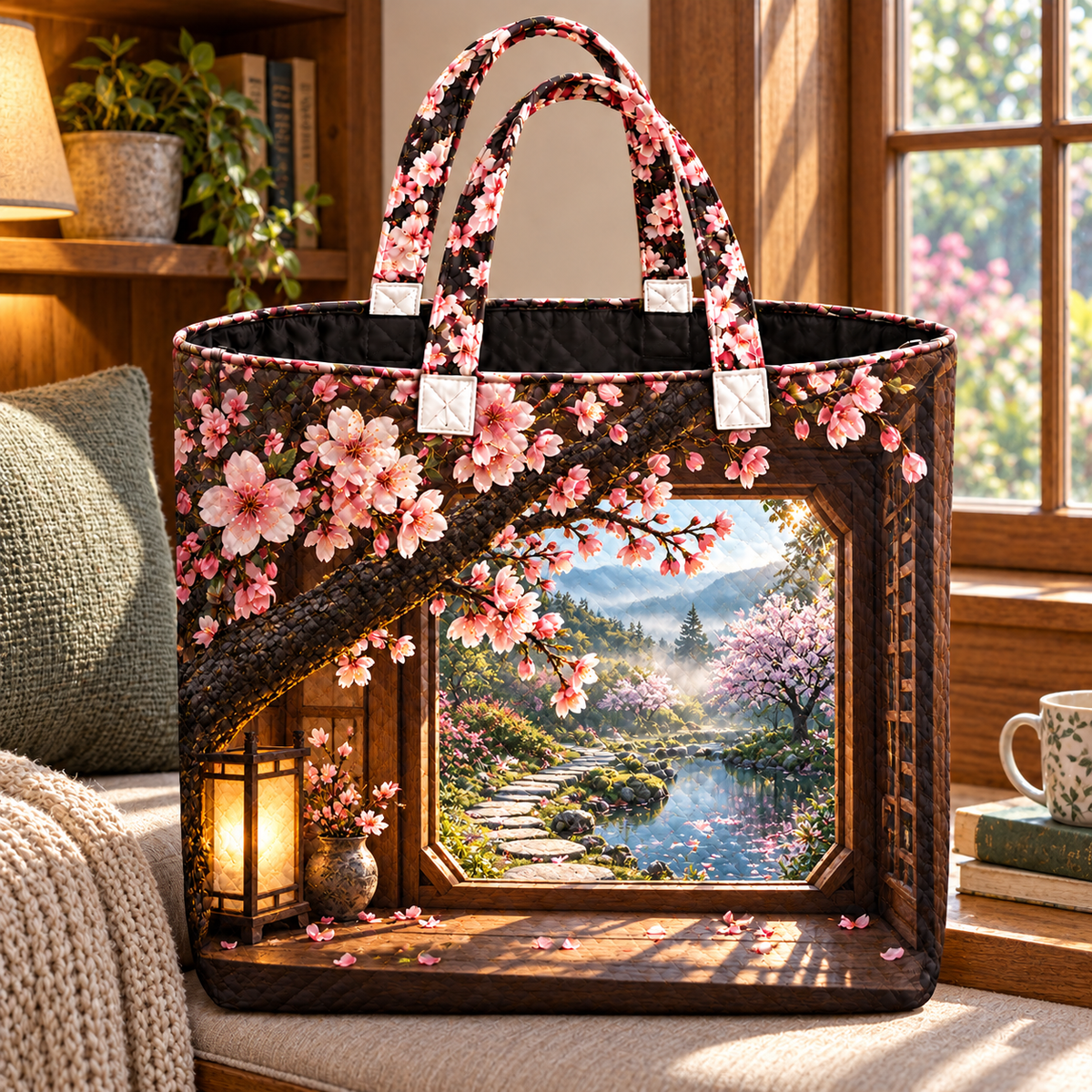 Cherry Blossom Window Nook Quilted Tote Bag with printed optical 3D artwork in its use setting