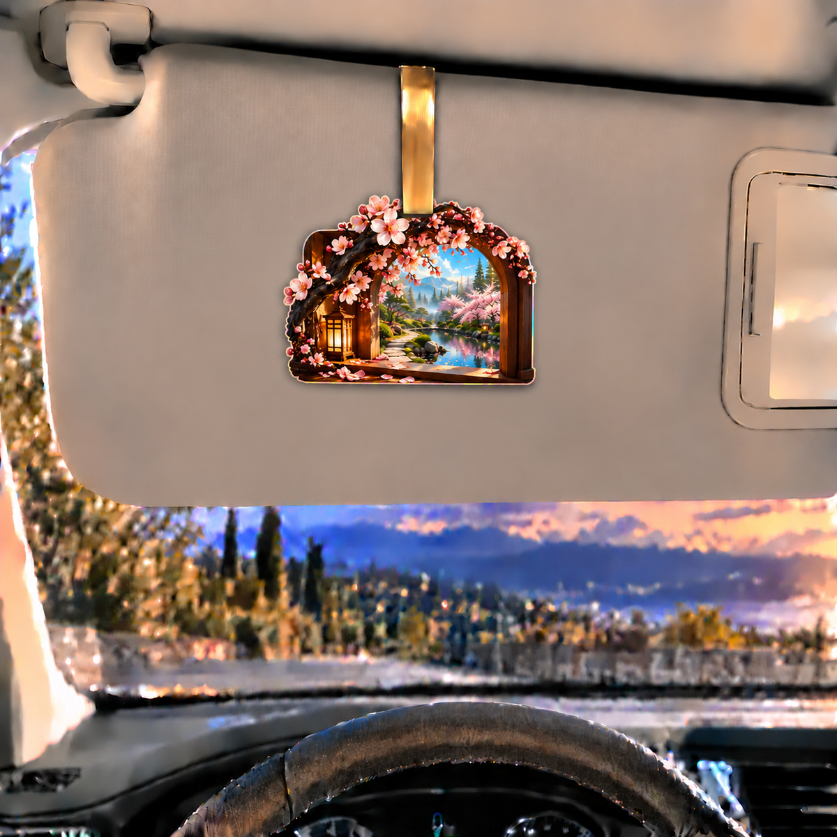Cherry Blossom Window Nook Holographic Car Visor Clip with printed optical 3D artwork in its use setting