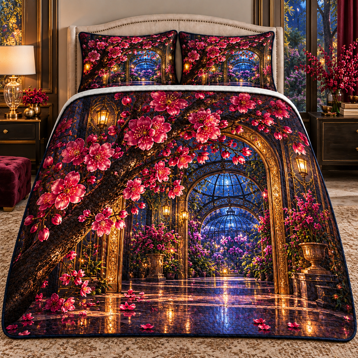 Sakura Birthday Conservatory Quilted Bedding Set with printed optical 3D artwork in its use setting