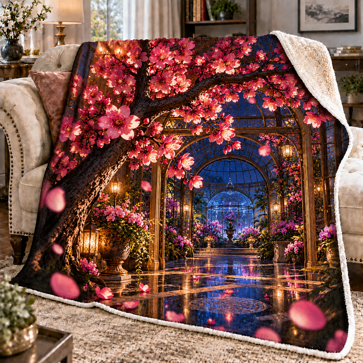 Sakura Birthday Conservatory Sherpa & Fleece Blanket with printed optical 3D artwork in its use setting