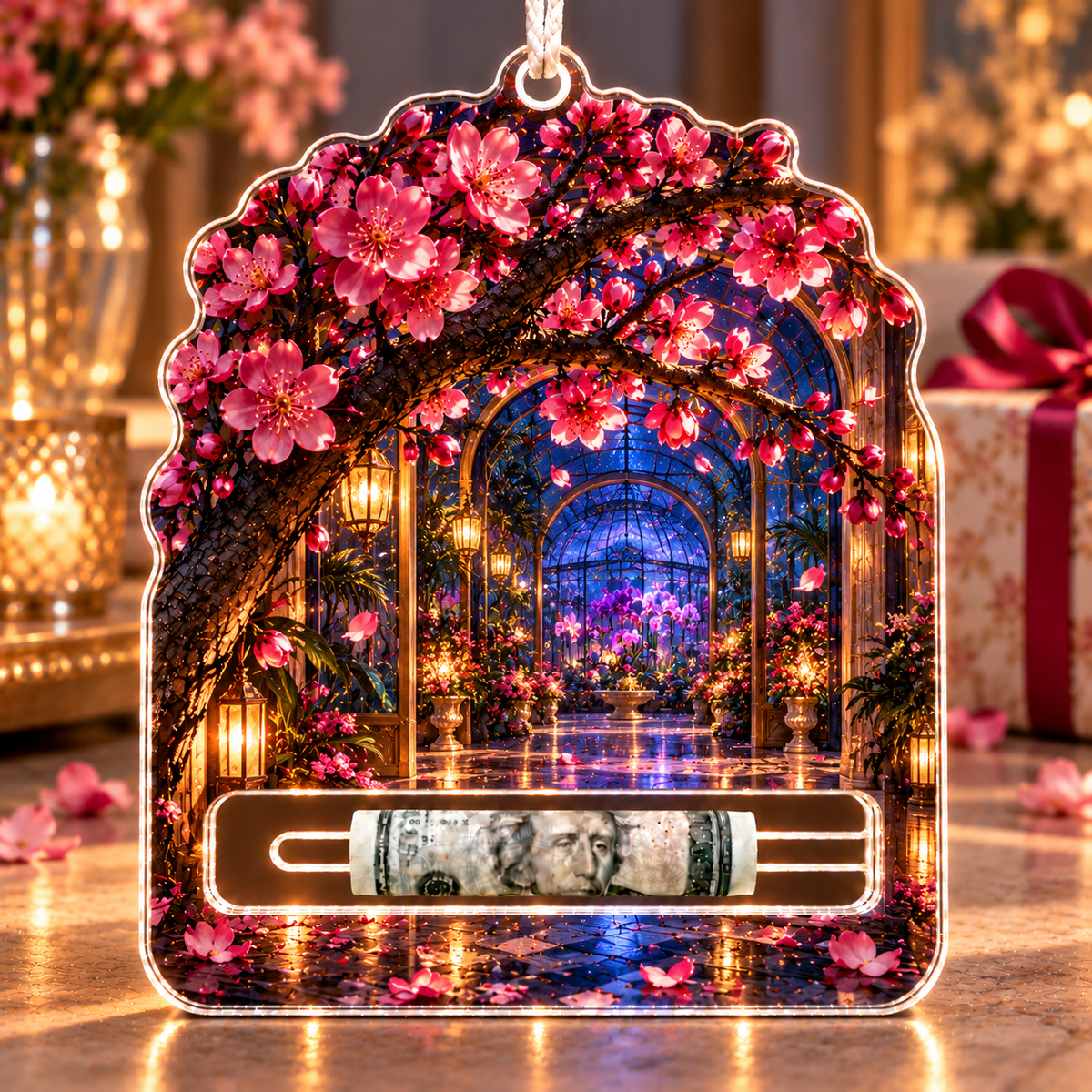 Sakura Birthday Conservatory Acrylic Cash Holder Ornament with printed optical 3D artwork in its use setting