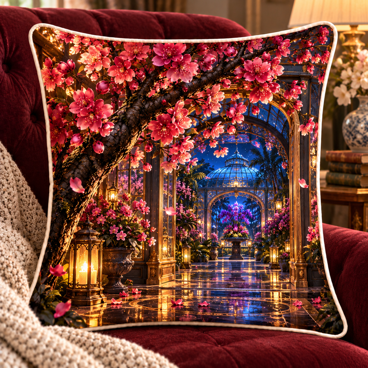 Sakura Birthday Conservatory Quilted Cushion Cover with printed optical 3D artwork in its use setting