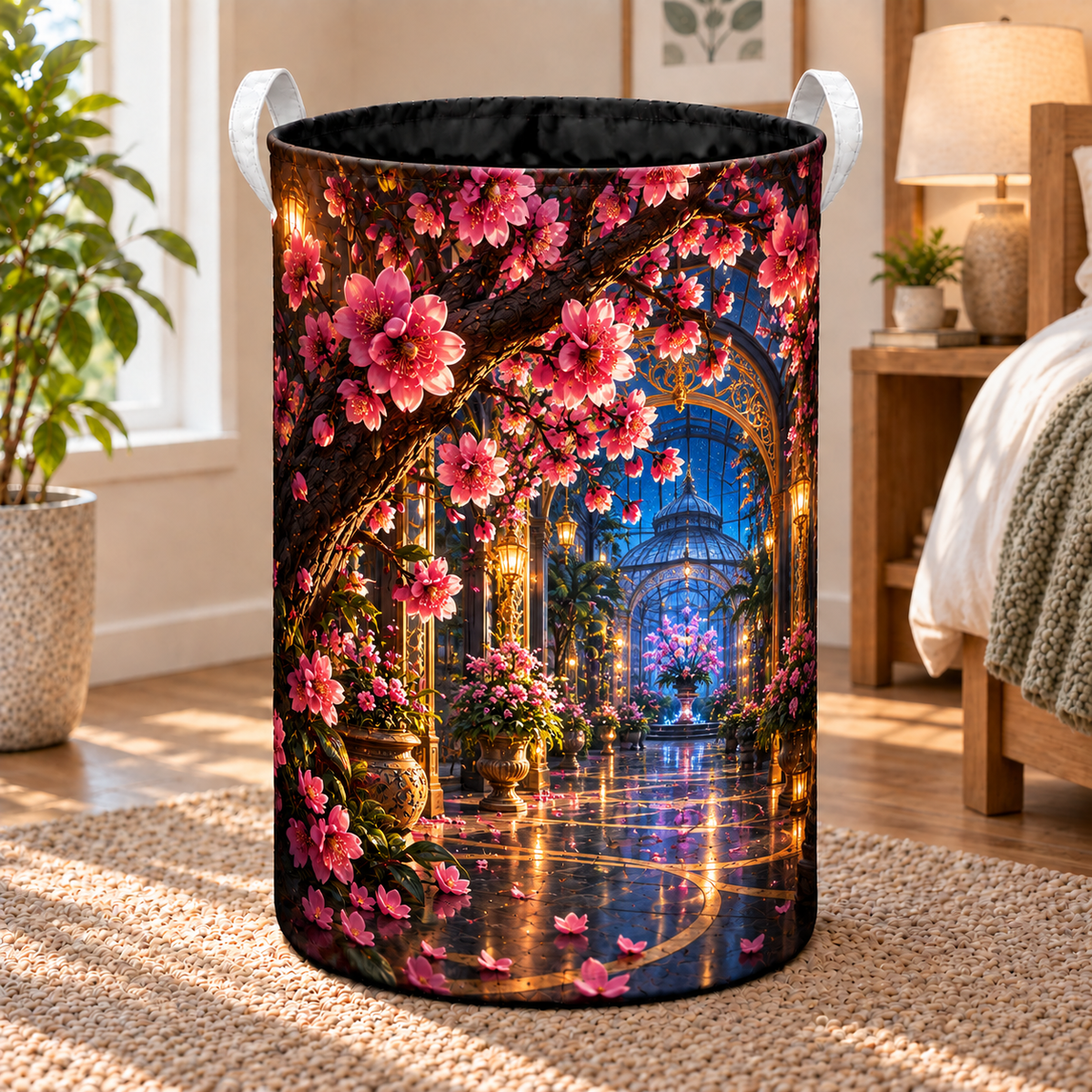 Sakura Birthday Conservatory Laundry Hamper with printed optical 3D artwork in its use setting