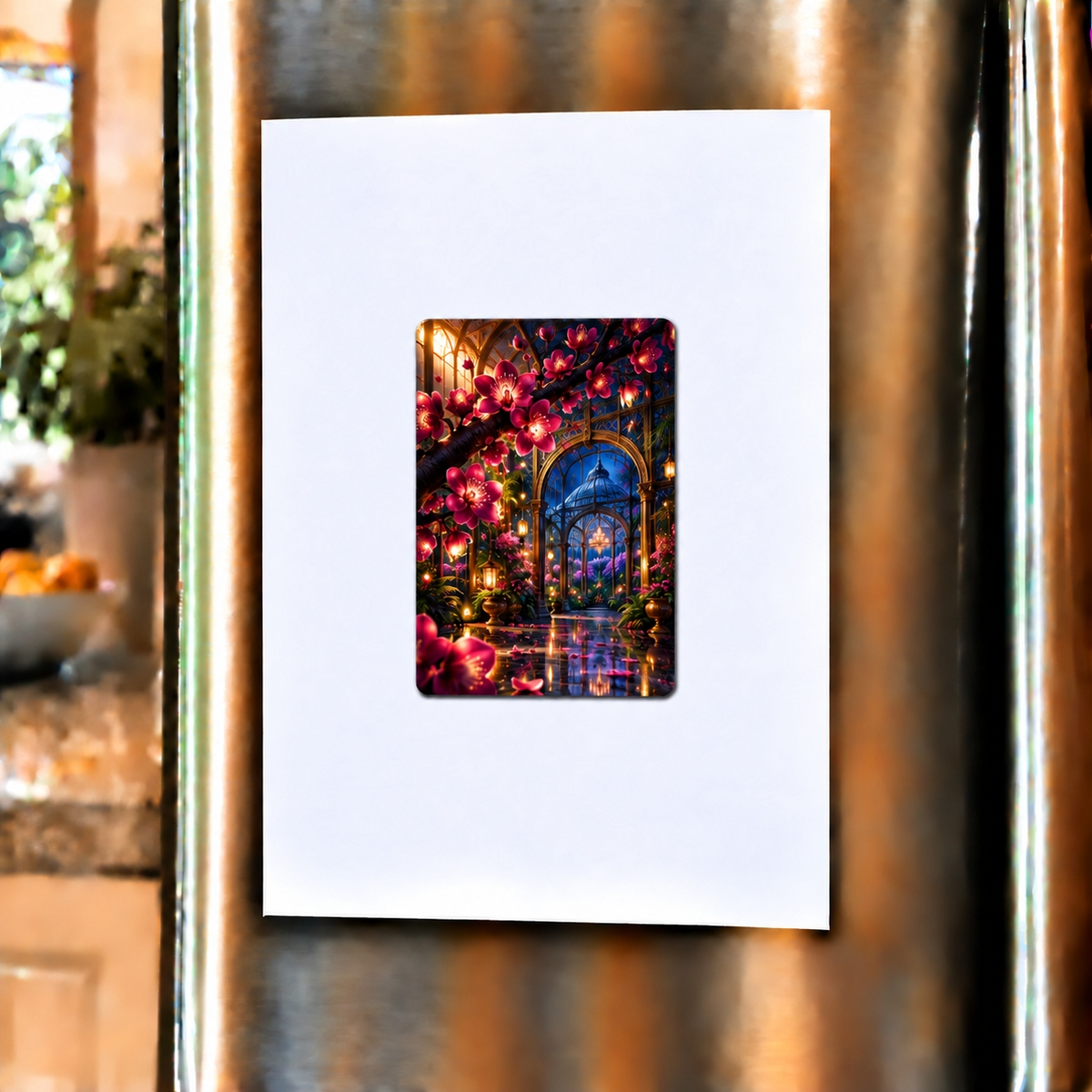 Sakura Birthday Conservatory Acrylic Refrigerator Magnet with printed optical 3D artwork in its use setting