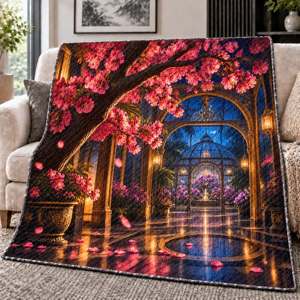 Sakura Birthday Conservatory Quilt Blanket with printed optical 3D artwork in its use setting