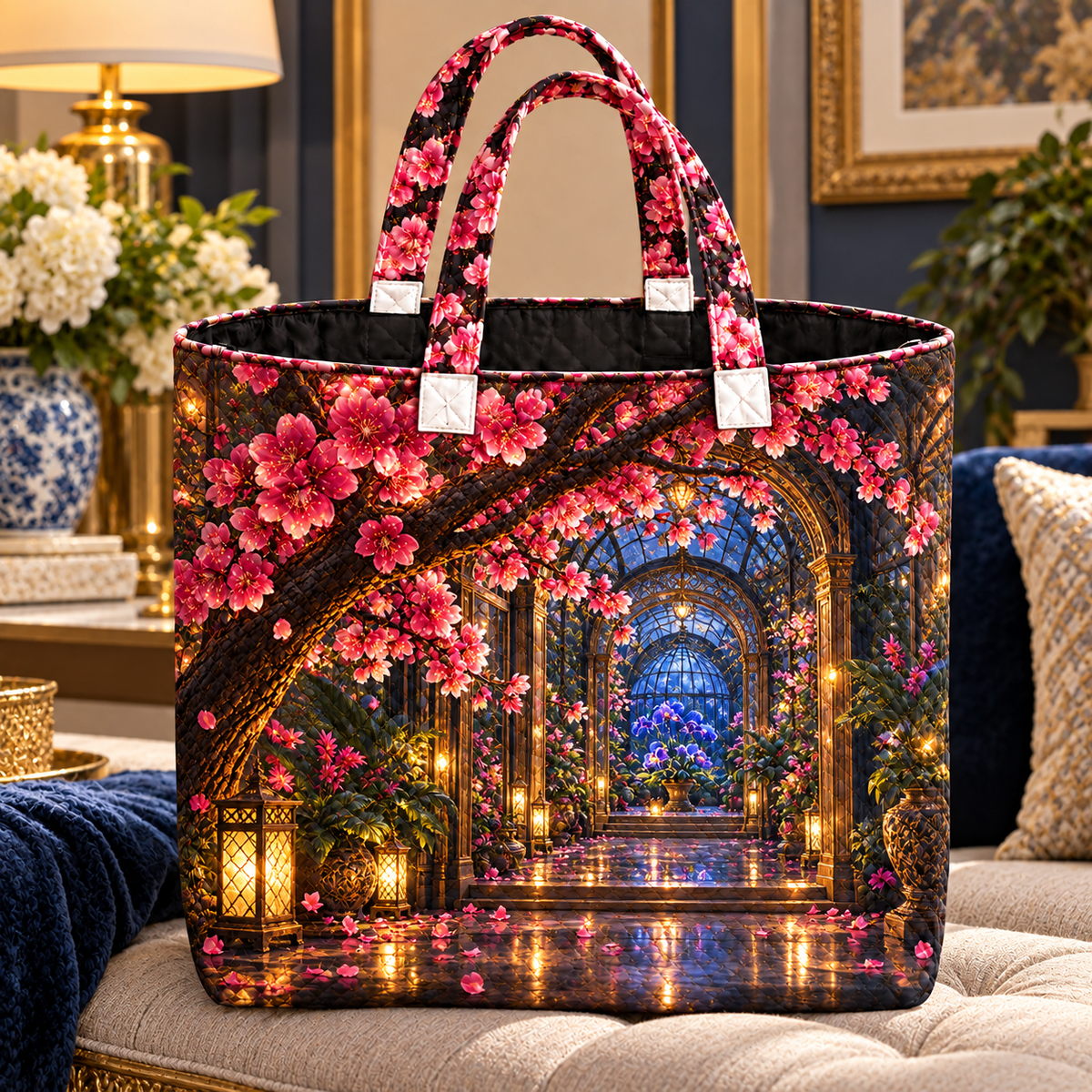 Sakura Birthday Conservatory Quilted Tote Bag with printed optical 3D artwork in its use setting