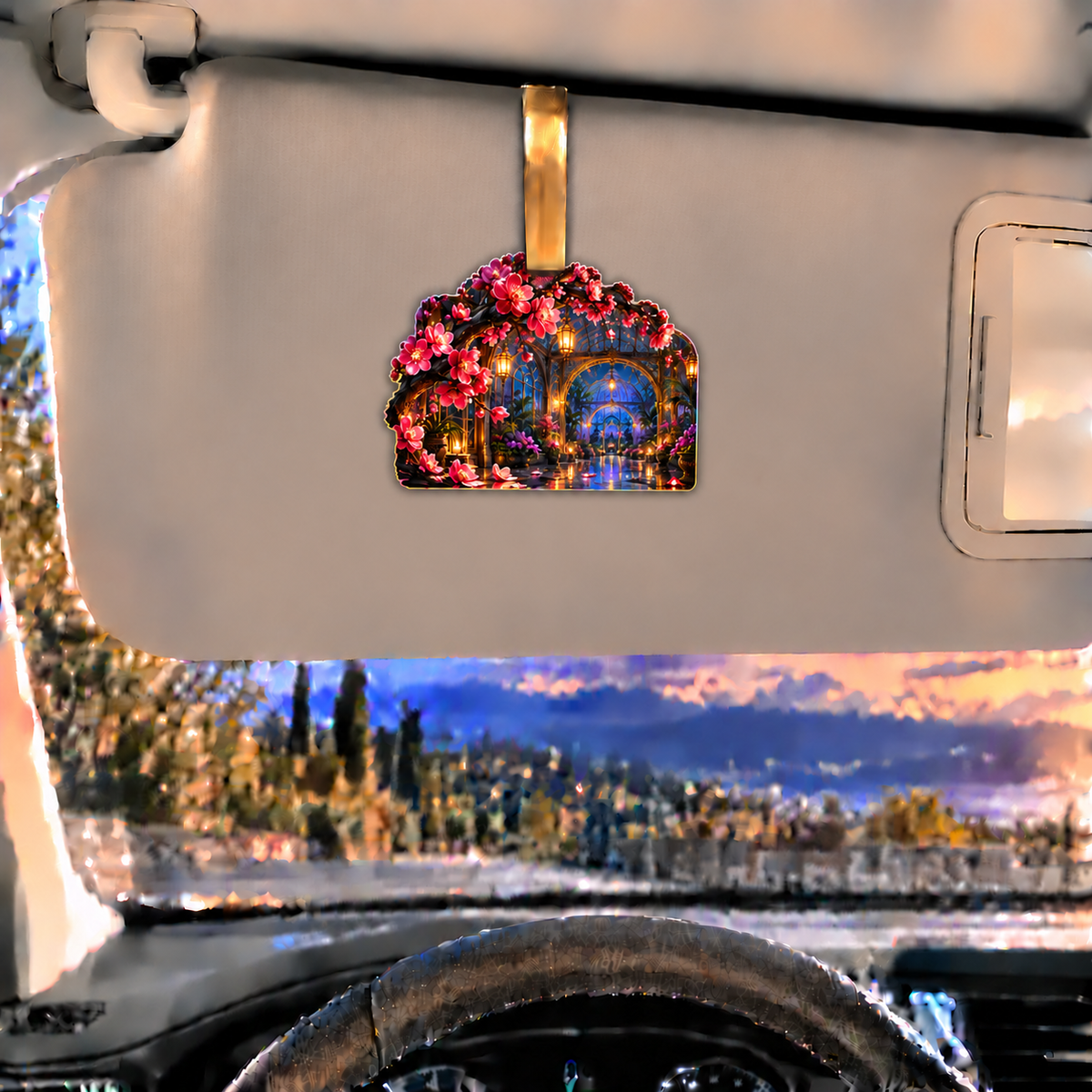 Sakura Birthday Conservatory Holographic Car Visor Clip with printed optical 3D artwork in its use setting