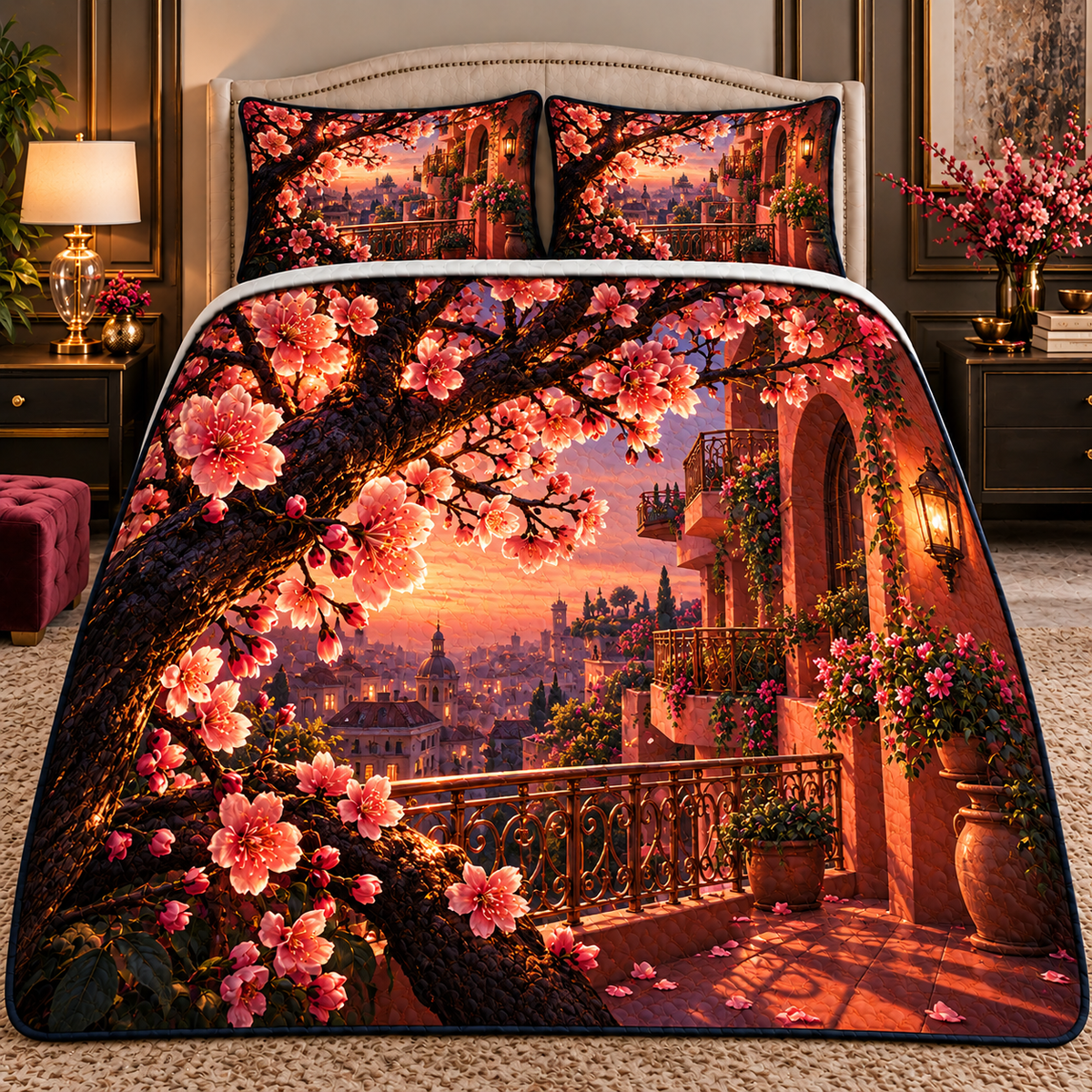 Sakura City Balcony Gallery Quilted Bedding Set with printed optical 3D artwork in its use setting