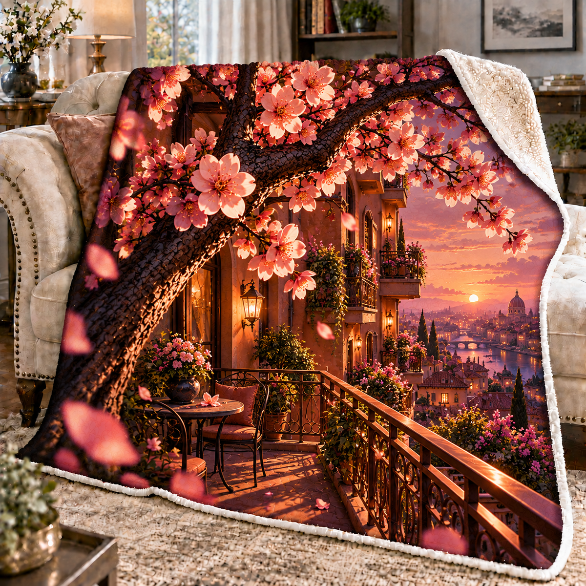 Sakura City Balcony Gallery Sherpa & Fleece Blanket with printed optical 3D artwork in its use setting