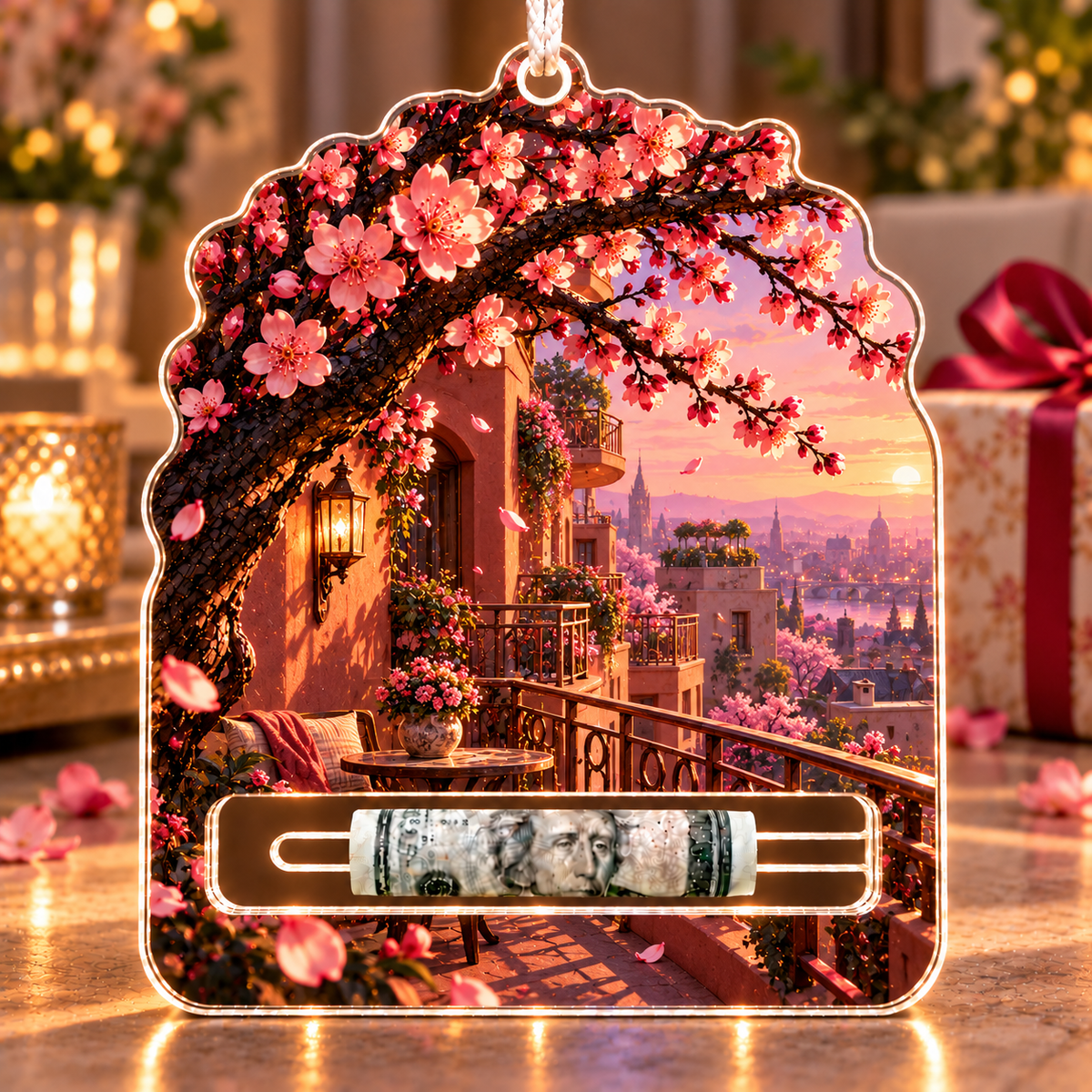 Sakura City Balcony Gallery Acrylic Cash Holder Ornament with printed optical 3D artwork in its use setting