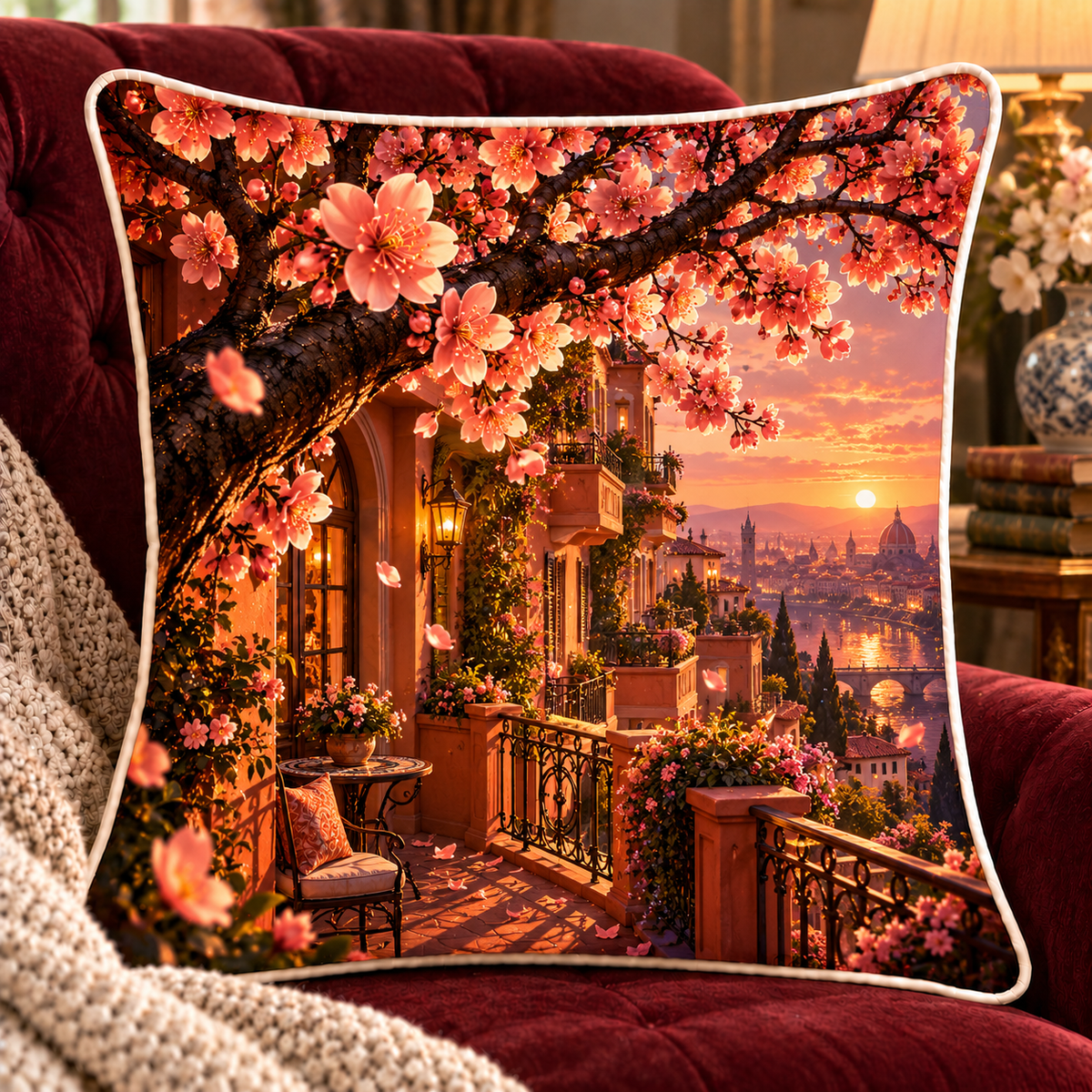 Sakura City Balcony Gallery Quilted Cushion Cover with printed optical 3D artwork in its use setting