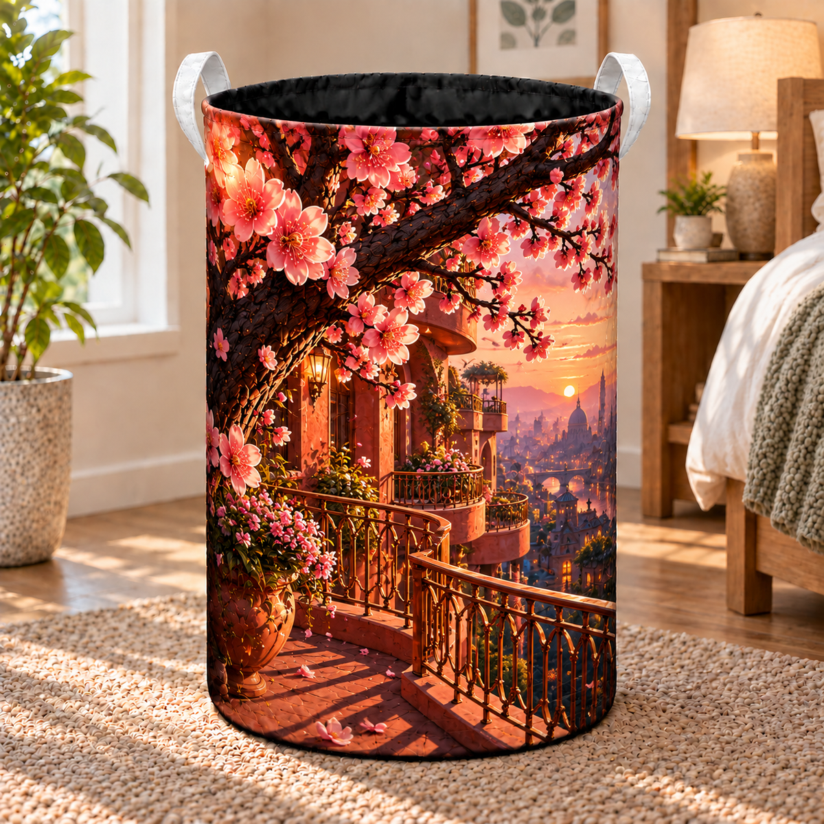 Sakura City Balcony Gallery Laundry Hamper with printed optical 3D artwork in its use setting