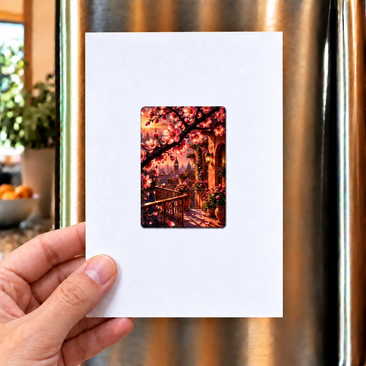 Sakura City Balcony Gallery Acrylic Refrigerator Magnet with printed optical 3D artwork in its use setting