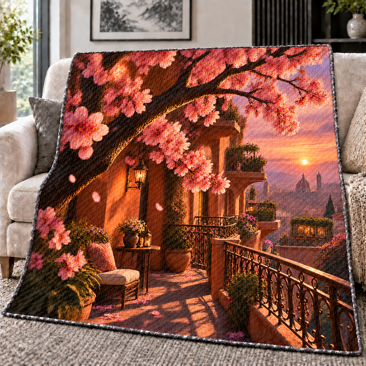 Sakura City Balcony Gallery Quilt Blanket with printed optical 3D artwork in its use setting