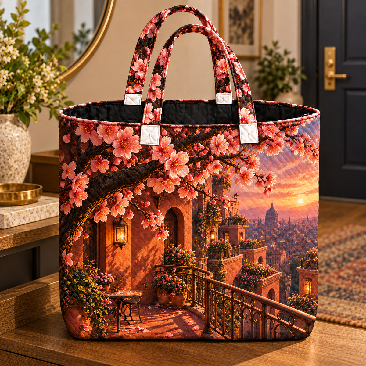 Sakura City Balcony Gallery Quilted Tote Bag with printed optical 3D artwork in its use setting