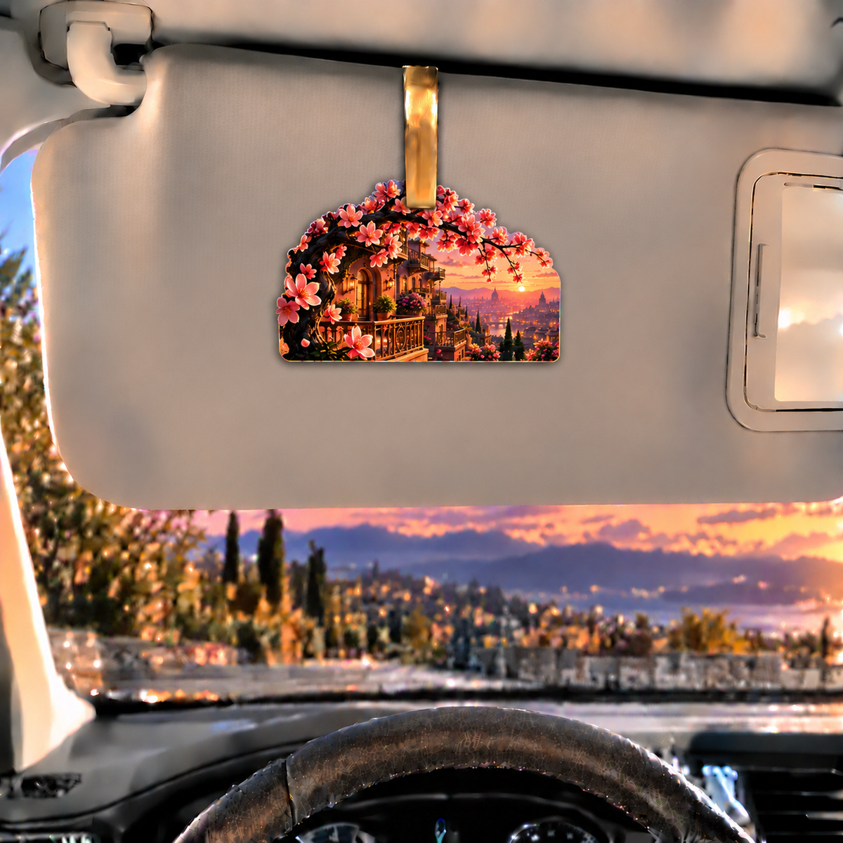 Sakura City Balcony Gallery Holographic Car Visor Clip with printed optical 3D artwork in its use setting