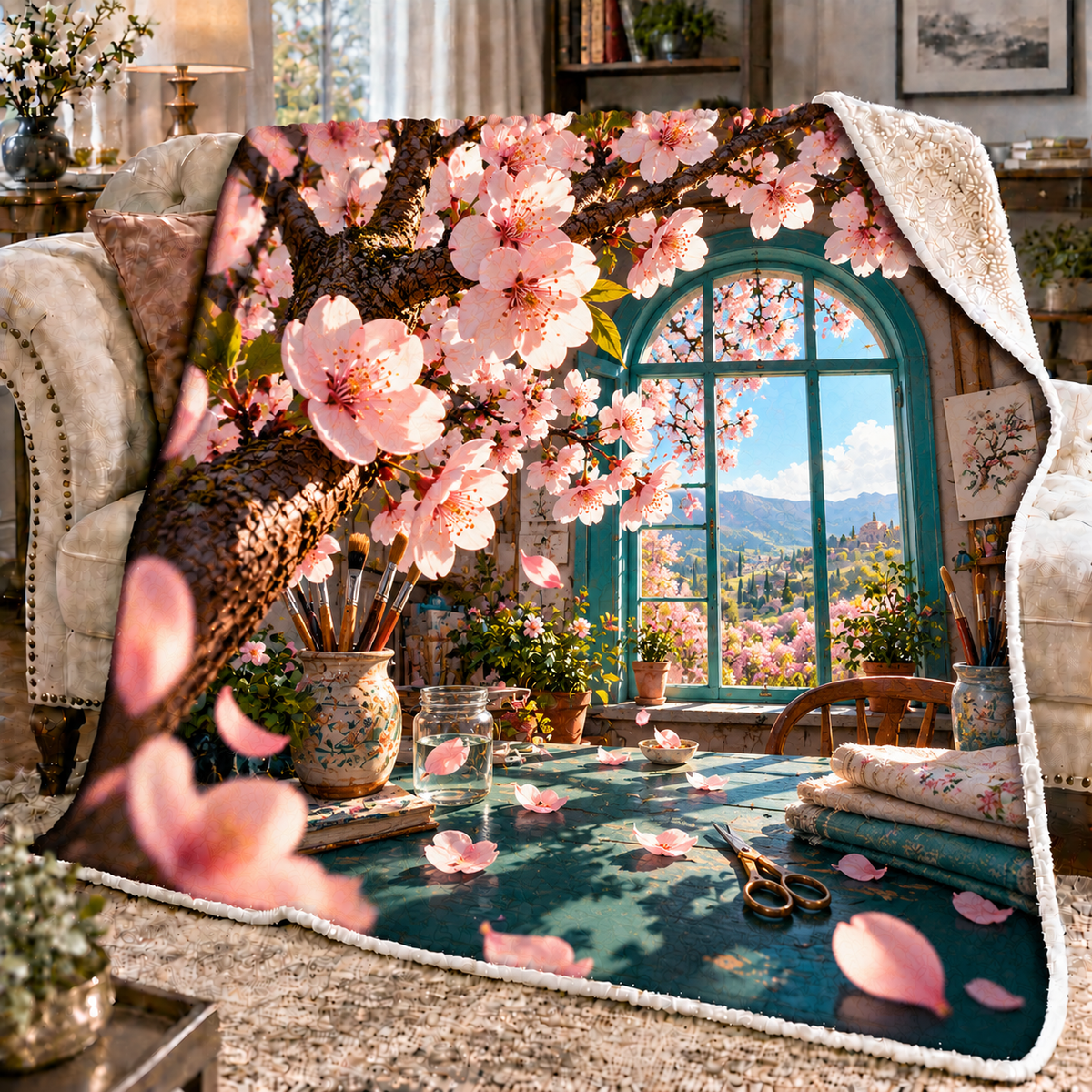 Sakura Atelier Window Sherpa & Fleece Blanket with printed optical 3D artwork in its use setting
