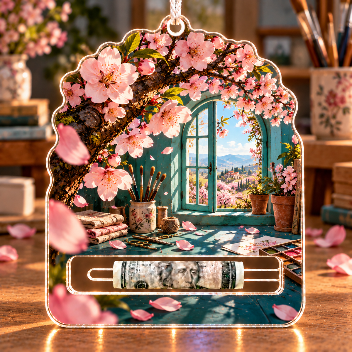 Sakura Atelier Window Acrylic Cash Holder Ornament with printed optical 3D artwork in its use setting