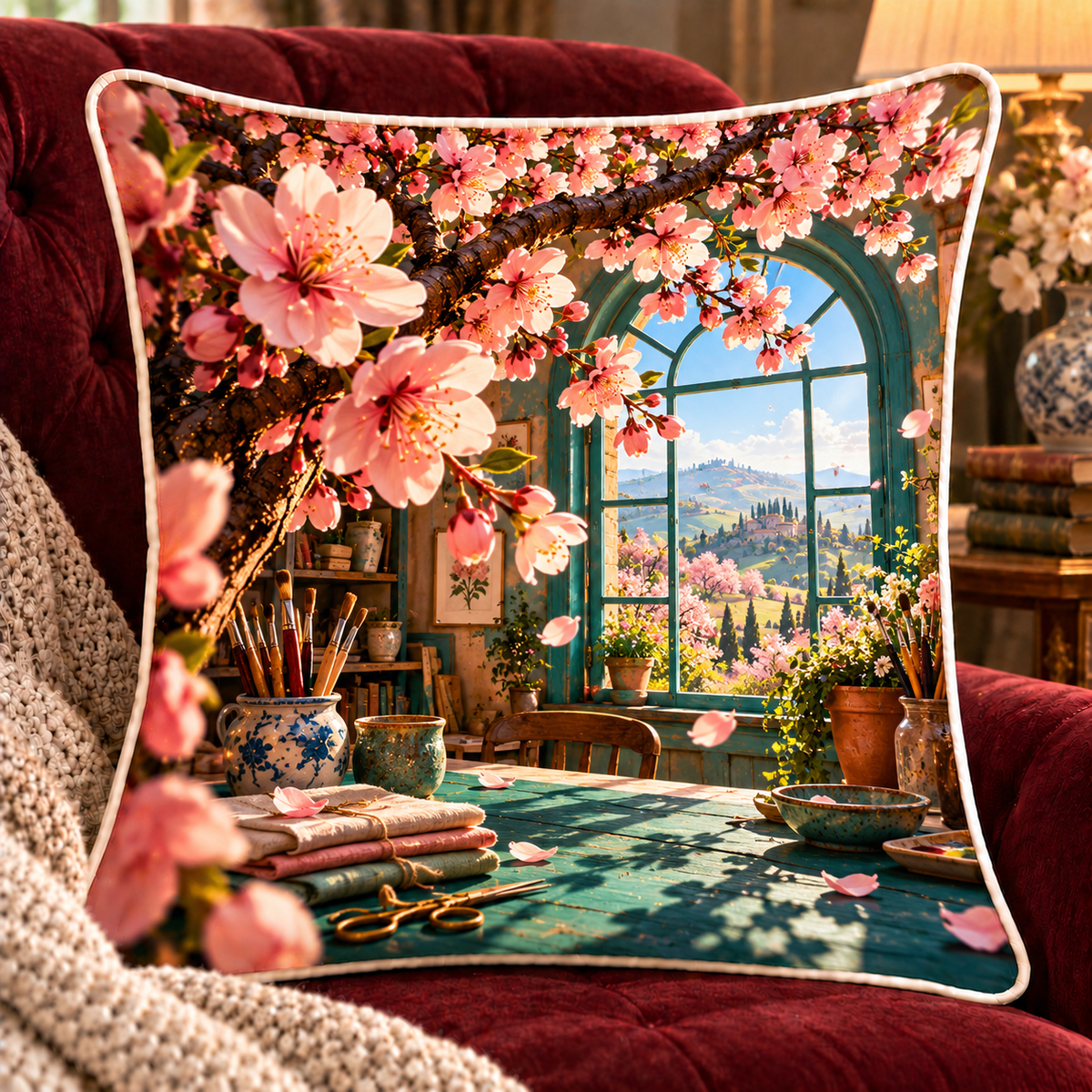 Sakura Atelier Window Quilted Cushion Cover with printed optical 3D artwork in its use setting