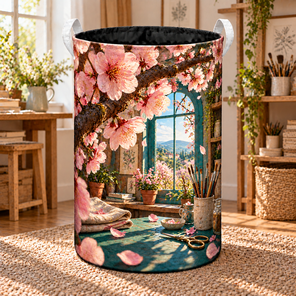 Sakura Atelier Window Laundry Hamper with printed optical 3D artwork in its use setting