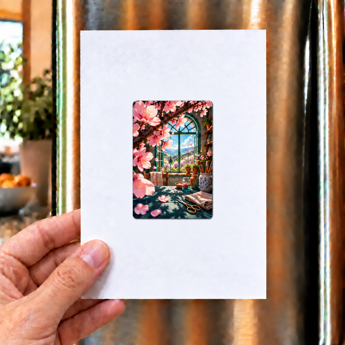 Sakura Atelier Window Acrylic Refrigerator Magnet with printed optical 3D artwork in its use setting