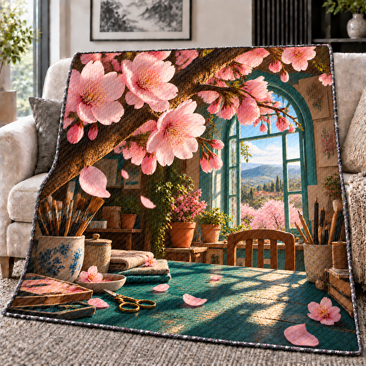 Sakura Atelier Window Quilt Blanket with printed optical 3D artwork in its use setting