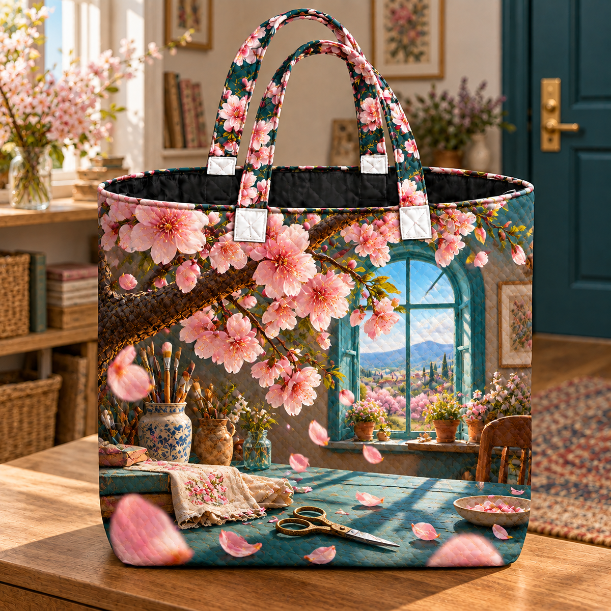 Sakura Atelier Window Quilted Tote Bag with printed optical 3D artwork in its use setting