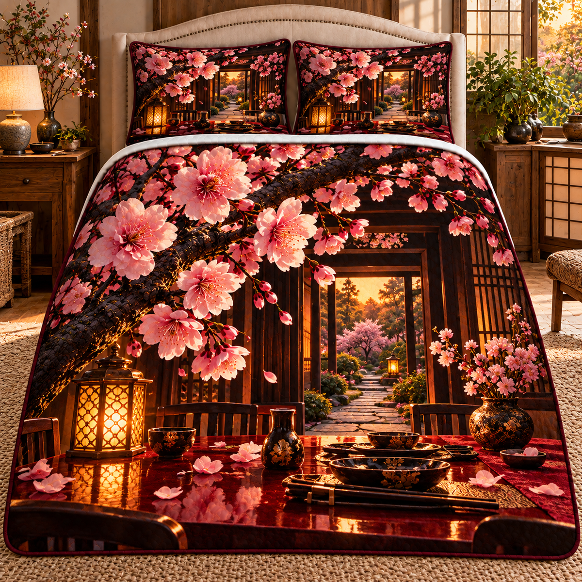 Sakura Amber Supper Quilted Bedding Set with printed optical 3D artwork in its use setting